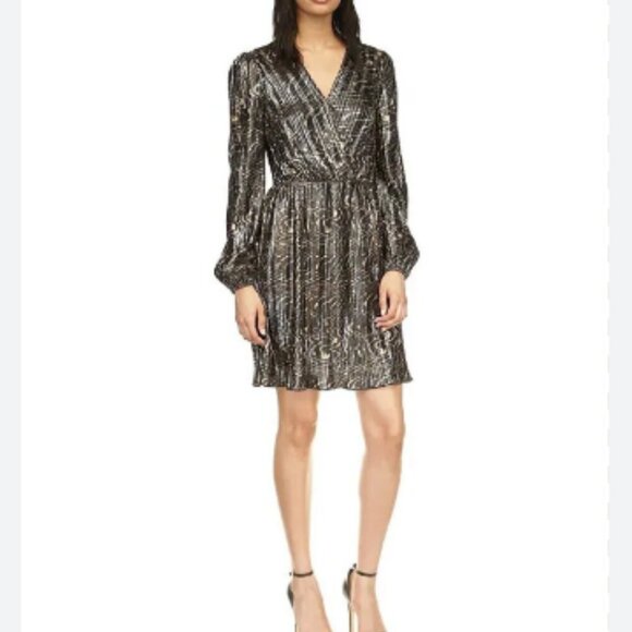NEW Michael Kors Womens S Pleated Metallic Fit Black Gold Mini Wrap Dress - Picture 1 of 11